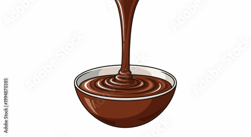 Rich dark chocolate sauce elegantly pours into a ceramic bowl, creating swirling patterns