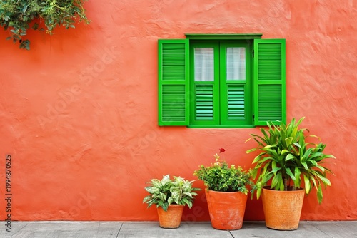 Colorful Wall With Green Shutters and Potted Plants in a Sunny Garden Setting