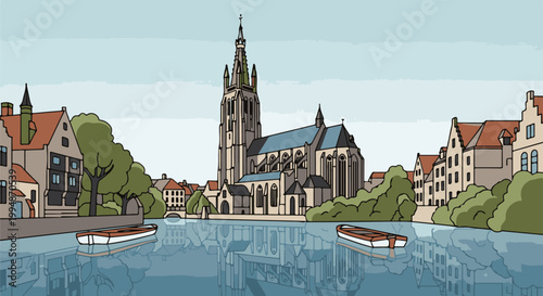 Riverside medieval town with a large cathedral and boats on a canal