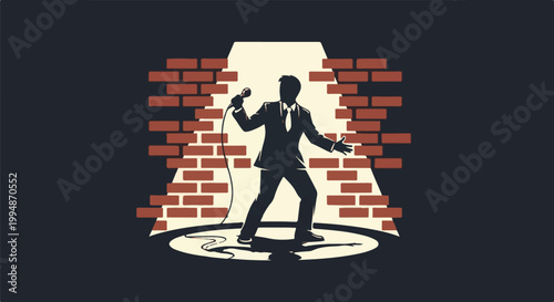 Silhouette of a man in a suit holding a microphone and performing on a stage