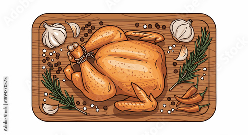 Roasted chicken with garlic, peppers, rosemary, and peppercorns on a wooden board