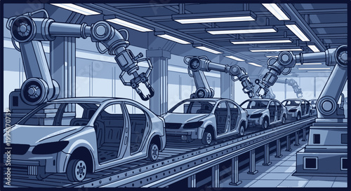 Robotic arms assemble cars on a futuristic assembly line in a factory