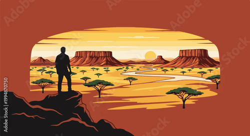 Silhouette of a lone figure observing a pixelated savanna landscape at sunset