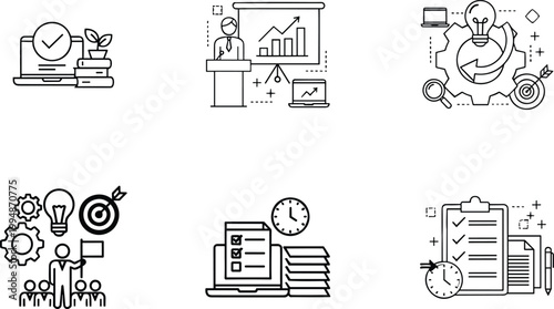 Set of business management, strategic planning, productivity, and project development icons in a modern line art style.
