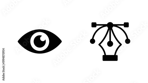 Eye icon and pen tool icon for graphic design with software illustrator creative application interface selection