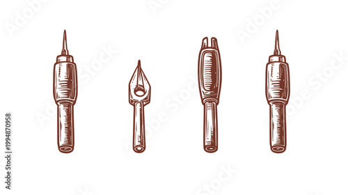 Brown line art of various pen nibs and holders, featuring detailed illustrations