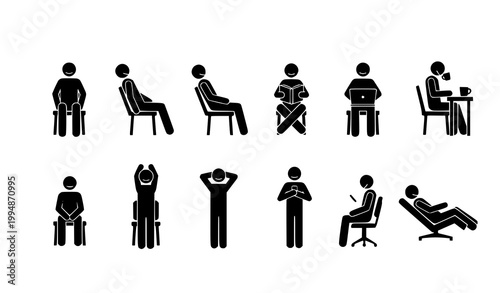 Stick figure man sitting on chair vector icon set with various seated poses for people and lifestyle illustrations