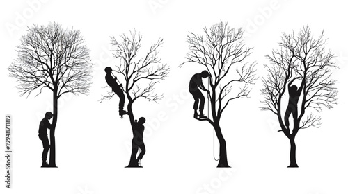 A four-panel illustration depicts silhouettes interacting with trees. The scenes show various tree-related activities