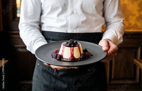 Waiter holding plate of Panna Cotta topped with fresh berries in cozy indoor setting. Concept of cream pudding with vanilla berry sauce enhances warm atmosphere.