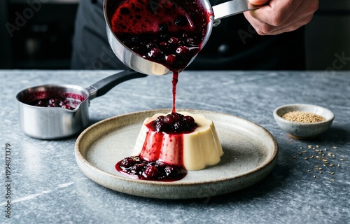 Panna Cotta dessert topped with rich blueberry sauce, drizzled smoothly. Concept of creamy indulgence, featuring cream pudding with vanilla berry sauce, inviting taste experience.