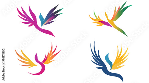 Four colorful, stylized bird designs, each with wings and flowing forms, arranged on a white background