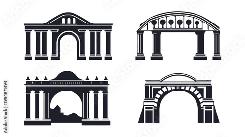 Four black and white illustrations of archways with pillars and various architectural features