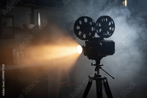 Old Film Projector Shines Light in Room Filled With Smoke During Evening Hours