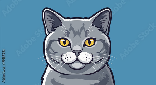 Pixelated close-up illustration of a fluffy grey cat with bright yellow eyes against a blue background