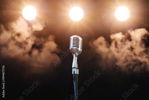 Bright Stage Lights Shine on a Classic Microphone Ready for a Performance in ...