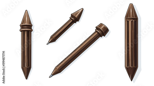 Stylized, brown writing tools a collection of three pens and pencils with sharp, angular tips