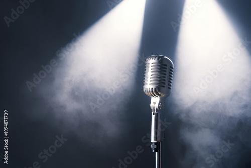 Bright Stage Lights Shine on a Classic Microphone Ready for a Performance in ...