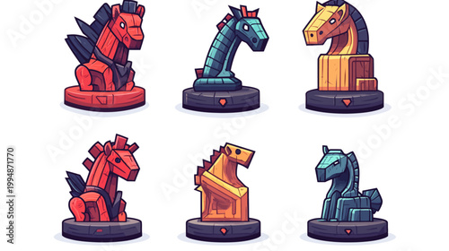 Stylized illustrations of knight chess pieces. Featuring distinct colors, designs, and geometrical shapes