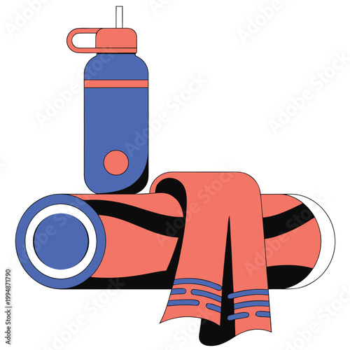 Yoga mat with a water bottle and towel.	