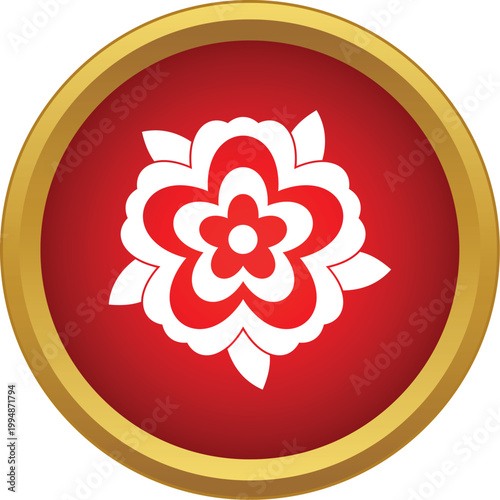 White stylized flower blossom with red center in a golden framed red circle
