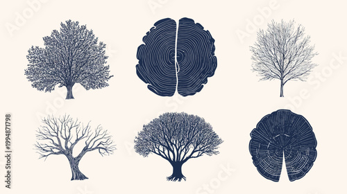 Six stylized illustrations of trees and cross sections, in a blue and white palette on beige
