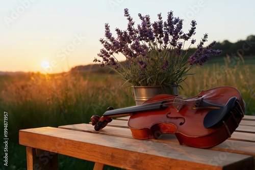 Violin and Flower Pot on Wooden Table During Sunset in an Open Field