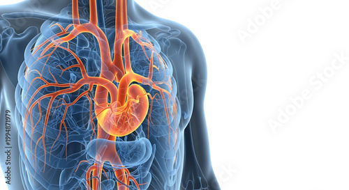 A detailed illustration of the human torso with visible internal organs and blood vessels.