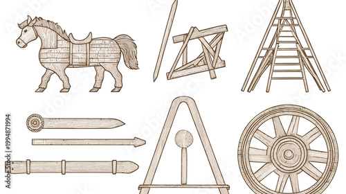 Illustration of wooden objects, including a horse, wheel, various tools, and supporting structures