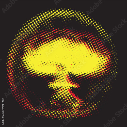 Vector pixel nuclear explosion mushroom cloud with halftone effect on yellow color. Suitable for anti-war posters dedicated to nuclear war. Urban, street art, t-shirt.