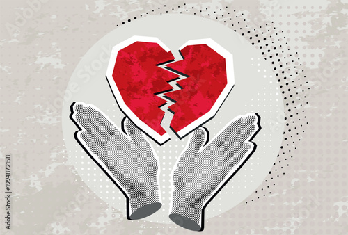 Title: Trendy halftone collage with Hands holding a red broken heart. Modern collage style. Vector