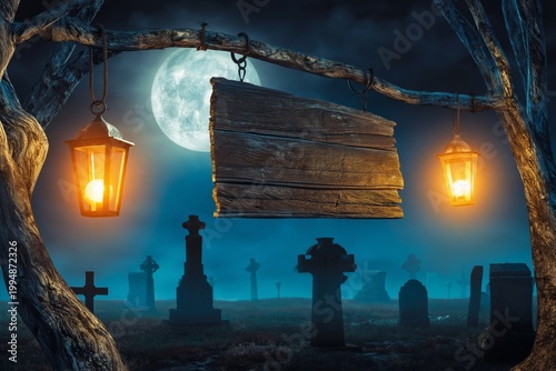 Lanterns Hang From Tree Branches Near Gravestones Under the Moonlight at Night
