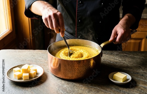 Man in kitchen stirring Polenta Taragna, creamy yellow soup in copper pot. Warm lighting creates cozy atmosphere, showcasing polenta with buckwheat butter mountain cheese. Concept of culinary art.