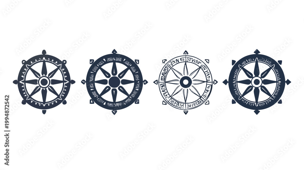 Fototapeta premium Four stylized, dark navy illustrations of a wheel-like design on a white background