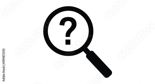 A simple black and white graphic depicts a magnifying glass focusing on a centered question mark high quality