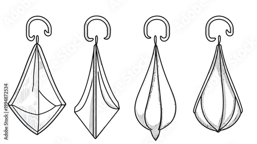 Four stylized hanging pendants, variations in shape, detailed line art, with shading to give depth