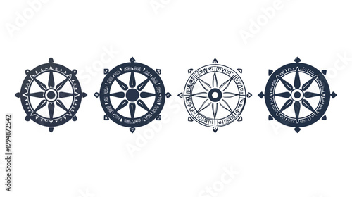 Four stylized, dark navy illustrations of a wheel-like design on a white background