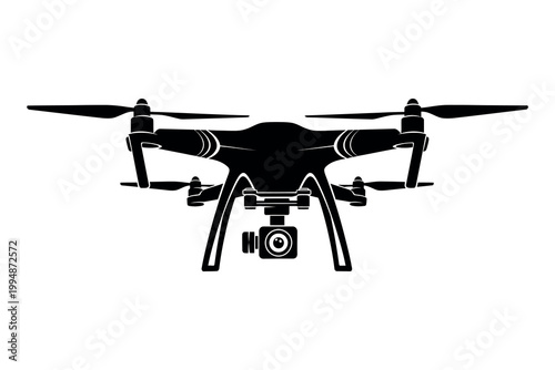 Black and white silhouette of a modern quadcopter drone with camera