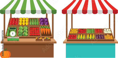 

Colorful Outdoor Farmers Market Vegetable and Fruit Stall with Striped Awning Fresh Produce Display Scale and Wooden Stand Vector Illustration Set