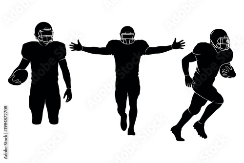 American football players silhouette trio action poses and dynamic athleticism