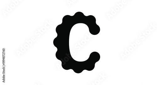 A minimalist graphic depicts a black stylized letter c with a textured cog like outer edge high quality