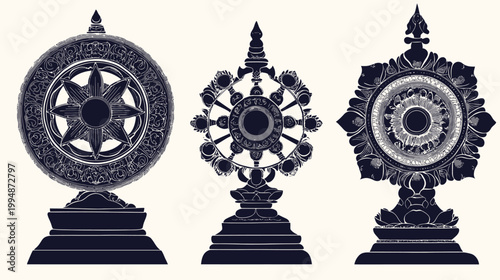 Three stylized, intricate, decorative wheel designs with ornate details, against a light backdrop