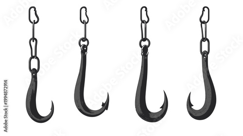 Four stylized, dark grey fishhooks hang from chains with carabiner-style links on a plain white backdrop