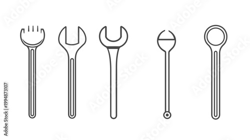 Monochrome vector graphic featuring five unique hand tools, set against a stark white background