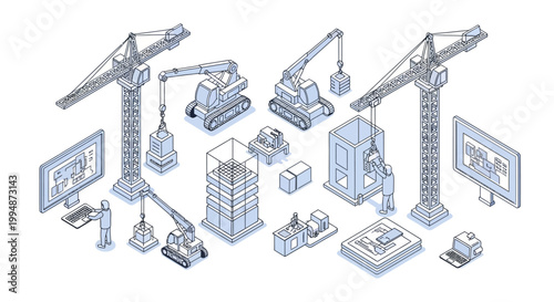 Smart Construction and BIM Engineering Isometric Vector Illustration with Cranes, Digital Twin Technology, and Architectural Planning on White Background