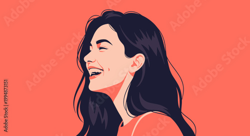 Joyful Woman Laughing, Profile Portrait, Vibrant Coral Background