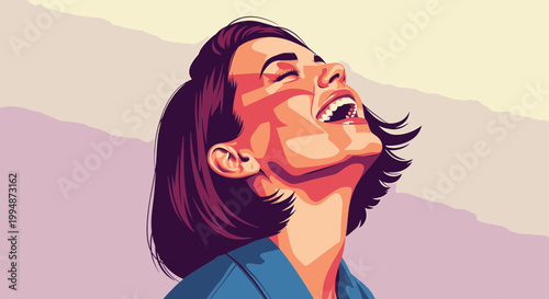 Joyful Woman Laughing Outdoors, Head Tilted Back, Sunlight Rays