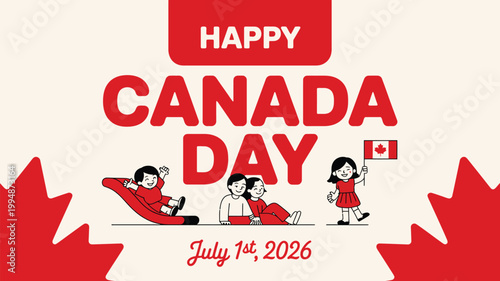 Happy Canada day july 1st 2026 with children celebrating and maple leaf background vector.