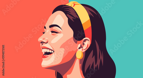 Joyful Woman Laughing, Vibrant Retro Style Portrait, Color Block Background