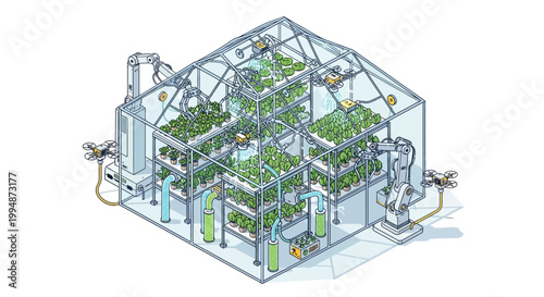 Automated Smart Greenhouse Illustration with Robotic Arms and Drones for Sustainable Vertical Farming and Agritech Solutions
