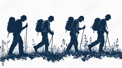 Four hikers in silhouette navigate grassy terrain, each with backpacks and trekking poles